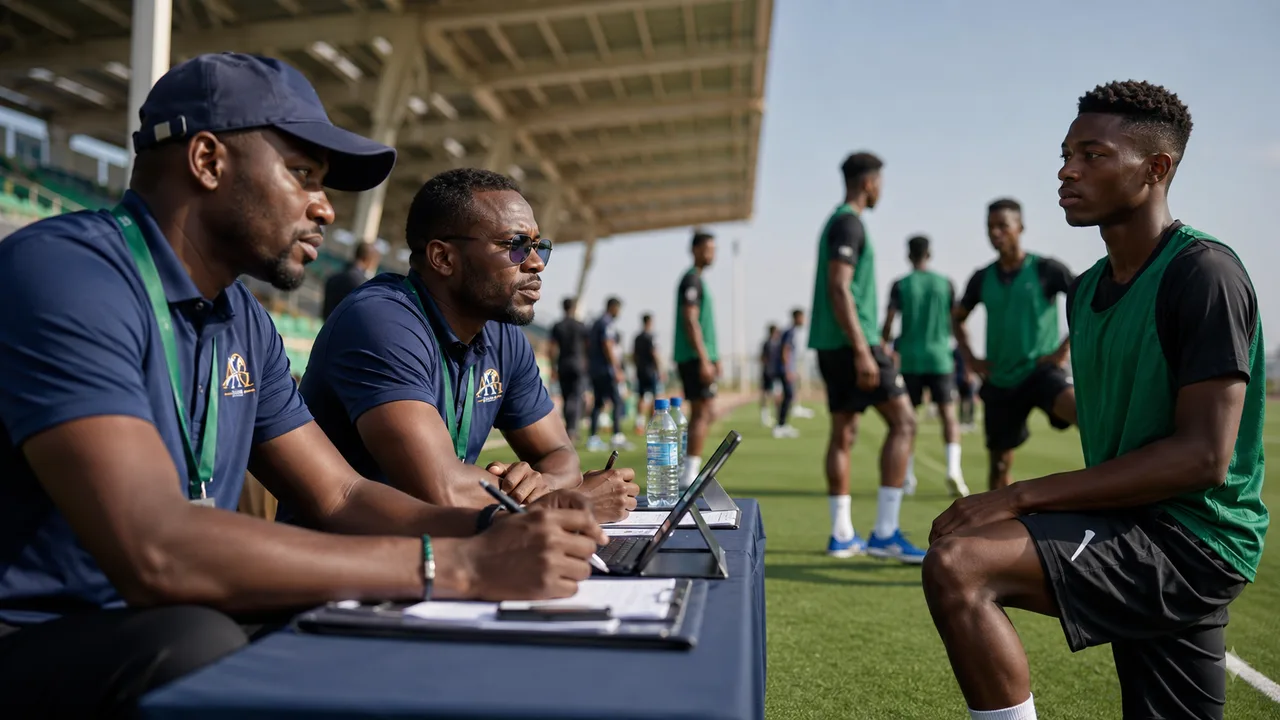 Équipe de recrutement sportif échangeant avec un jeune talent sur un terrain professionnel
