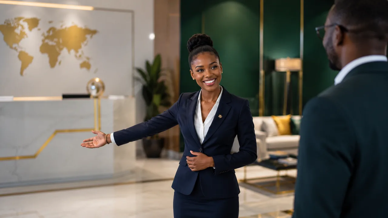 Responsable de conciergerie accueillant un client dans un environnement haut de gamme
